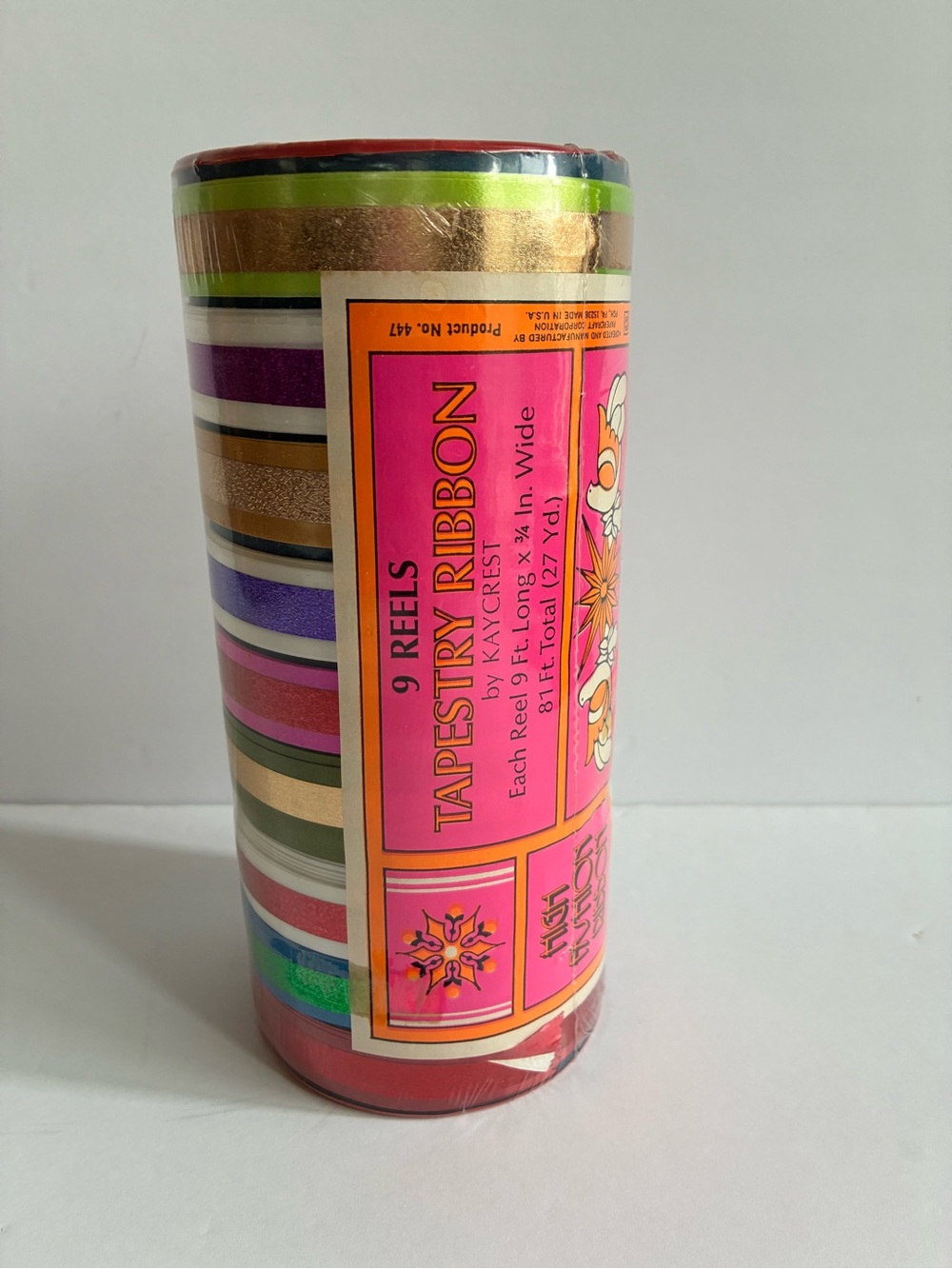 Vintage KAYCREST Foil Tapestry Christmas Gift MOD Fashion Ribbon 9 Reels 81’ NOS